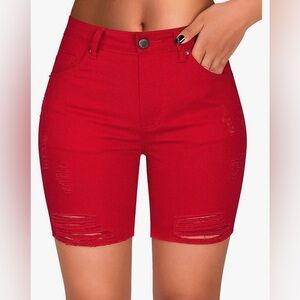 Roswear Red Ripped High-Waisted Distressed Denim Stretch Shorts size medium